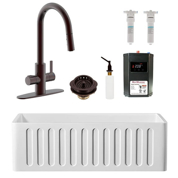 Westbrass BK13041-12 30" Single Bowl Reversible Apron Front Solid Surface Kitchen Sink with 4 in 1 Faucet, Dual Water Filters, Soap Dispenser and Drain Trim, Oil Rubbed Bronze