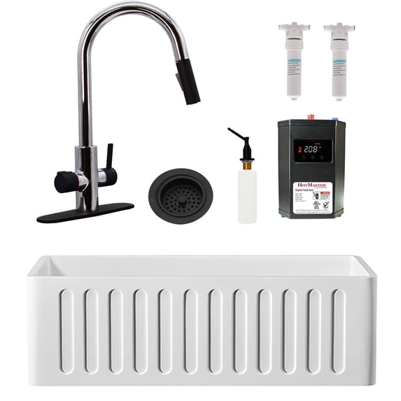 Westbrass BK13041-2662 30" Single Bowl Reversible Apron Front Solid Surface Kitchen Sink with 4 in 1 Faucet, Dual Water Filters, Soap Dispenser and Drain Trim, Polished Chrome/Matte Black