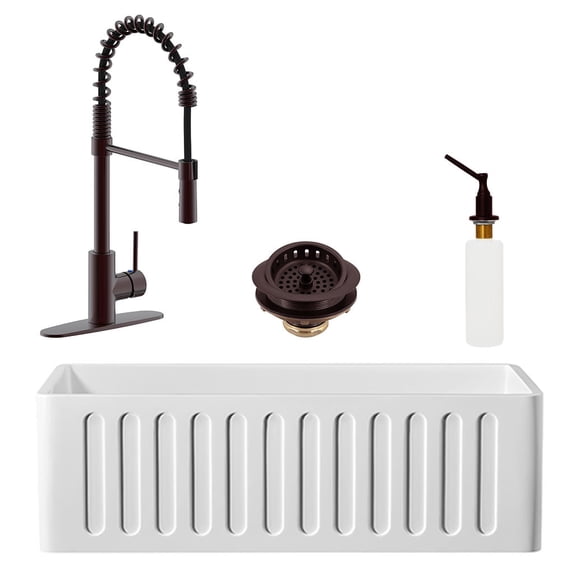 Westbrass BK130W18A-12 30" Single Bowl Reversible Apron Front Solid Surface Kitchen Sink with Open Coil Faucet, Soap Dispenser and Drain Trim, Oil Rubbed Bronze