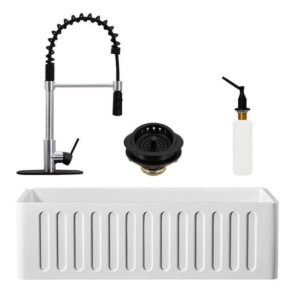 Westbrass BK133W18A-2062 33" Single Bowl Reversible Apron Front Solid Surface Kitchen Sink with Open Coil Faucet, Soap Dispenser and Drain Trim, Stainless Steel/Matte Black