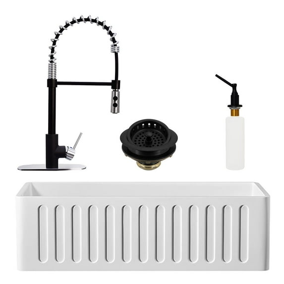 Westbrass BK133W18A-6220 33" Single Bowl Reversible Apron Front Solid Surface Kitchen Sink with Open Coil Faucet, Soap Dispenser and Drain Trim, Matte Black/Stainless Steel