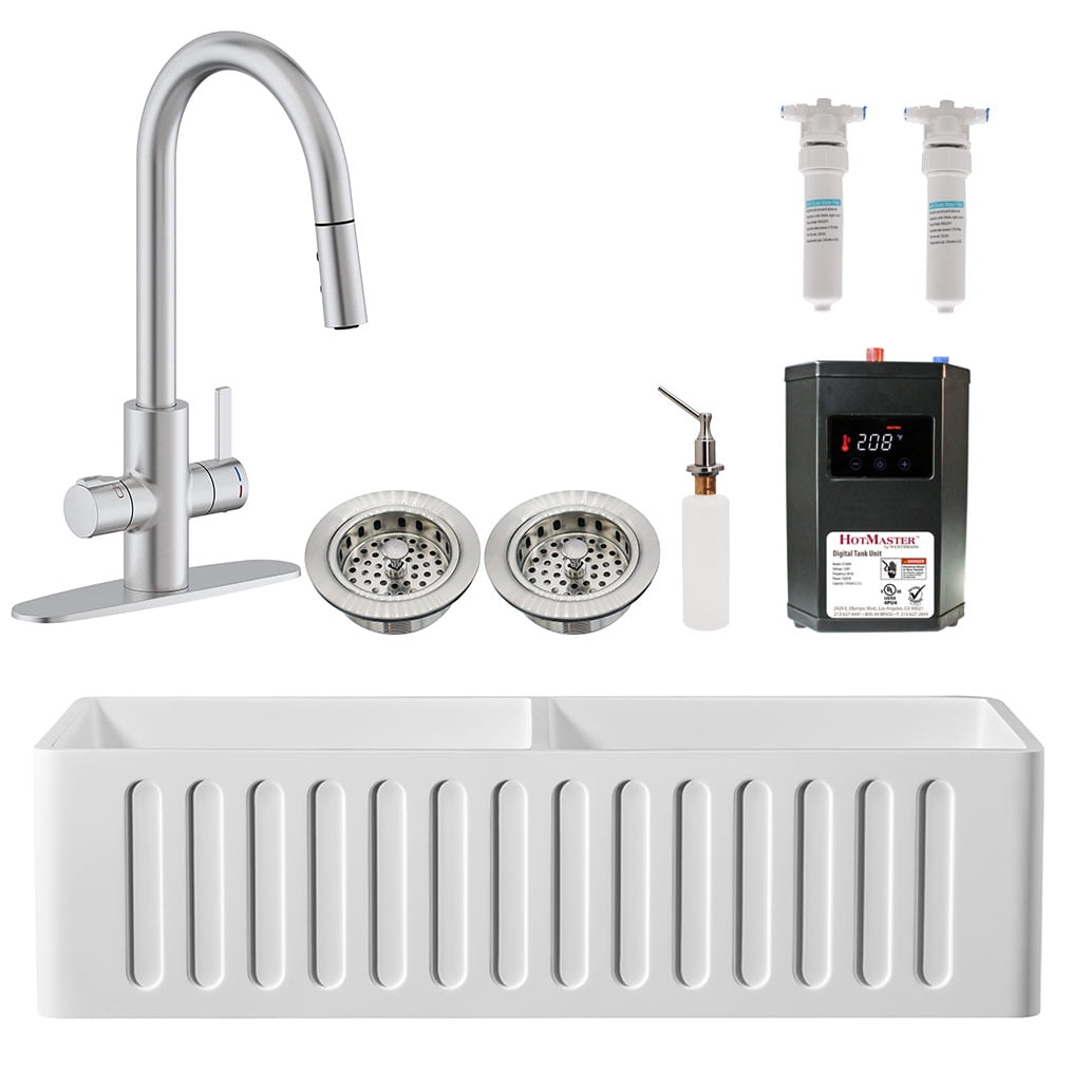 49'' White Farmhouse Double Bowl Kitchen Sink with Stainless Steel Faucet