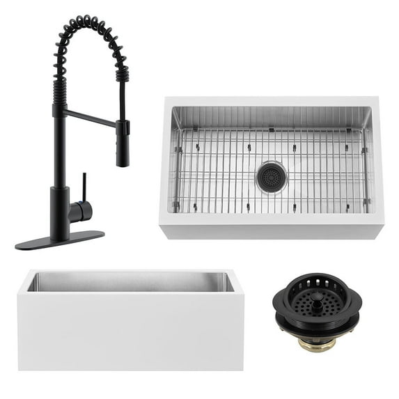 Westbrass BSS130WKS18-62 30" Single Bowl 14 Ga. Stainless Steel/White Solid Surface Kitchen Sink with Open Coil Faucet and Drain Basket, Matte Black
