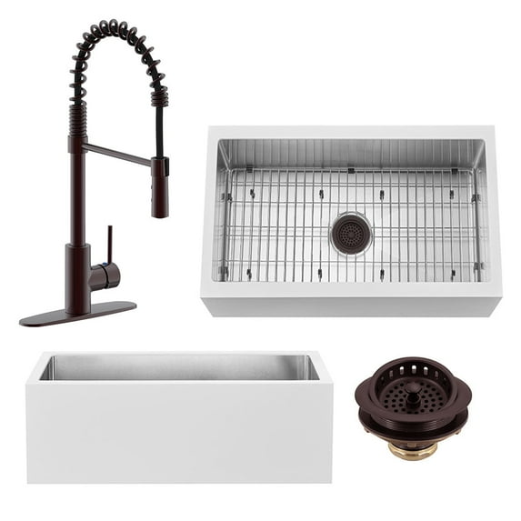 Westbrass BSS133WKS18-12 33" Single Bowl 14 Ga. Stainless Steel/White Solid Surface Kitchen Sink with Open Coil Faucet and Drain Basket, Oil Rubbed Bronze