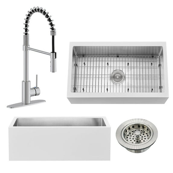 Westbrass BSS133WKS18-20 33" Single Bowl 14 Ga. Stainless Steel/White Solid Surface Kitchen Sink with Open Coil Faucet and Drain Basket, Stainless Steel
