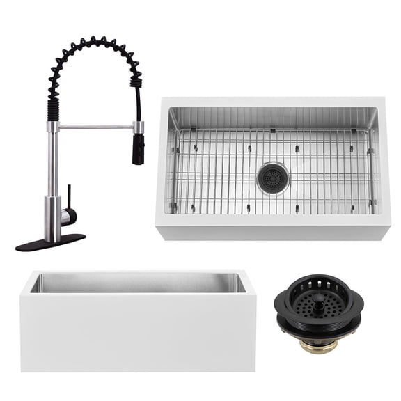 Westbrass BSS133WKS18-2062 33" Single Bowl 14 Ga. Stainless Steel/White Solid Surface Kitchen Sink with Open Coil Faucet and Drain Basket, Matte Black/Stainless Steel