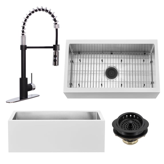 Westbrass BSS133WKS18-6226 33" Single Bowl 14 Ga. Stainless Steel/White Solid Surface Kitchen Sink with Open Coil Faucet and Drain Basket, Matte Black/Polishd Chrome