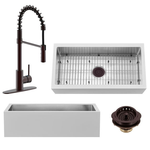 Westbrass BSS136WKS18-12 36" Single Bowl 14 Ga. Stainless Steel/White Solid Surface Kitchen Sink with Open Coil Faucet and Drain Basket, Oil Rubbed Bronze
