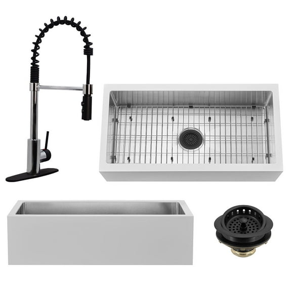 Westbrass BSS136WKS18-2662 36" Single Bowl 14 Ga. Stainless Steel/White Solid Surface Kitchen Sink with Open Coil Faucet and Drain Basket, Polished Chrome/Matte Black