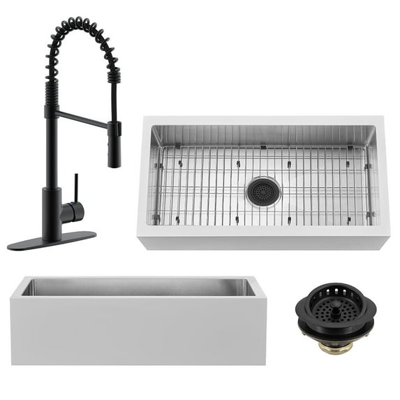 Westbrass BSS136WKS18-62 36" Single Bowl 14 Ga. Stainless Steel/White Solid Surface Kitchen Sink with Open Coil Faucet and Drain Basket, Matte Black