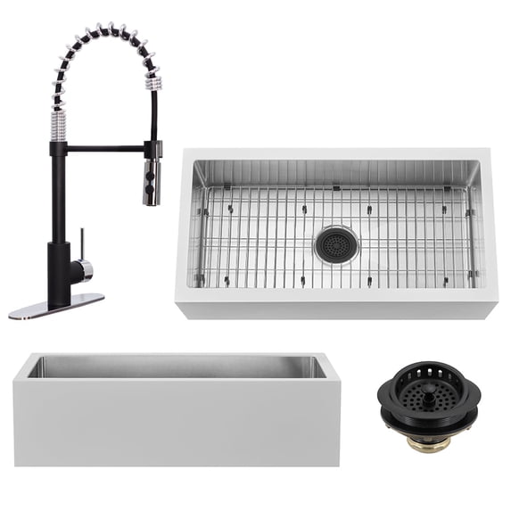Westbrass BSS136WKS18-6226 36" Single Bowl 14 Ga. Stainless Steel/White Solid Surface Kitchen Sink with Open Coil Faucet and Drain Basket, Matte Black/Polishd Chrome