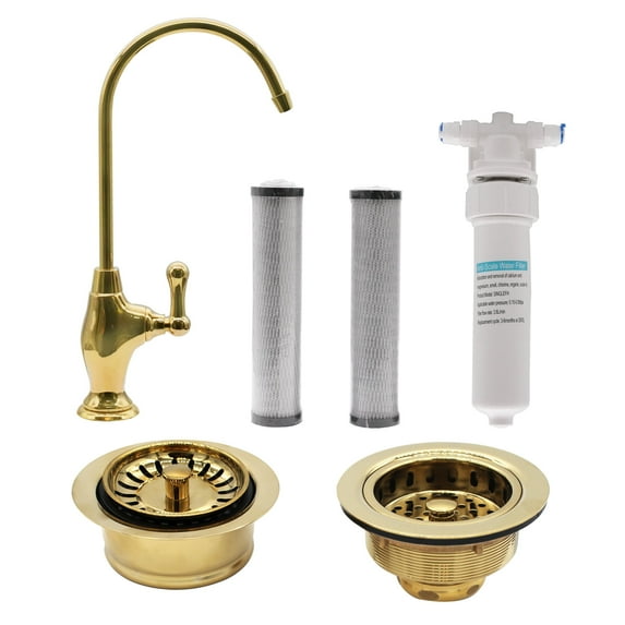 Westbrass 10" Classic 1-Lever Cold Water Dispenser Faucet Kit with Filter System, Kitchen Sink Strainer & Disposal Trim Set, Polished Brass