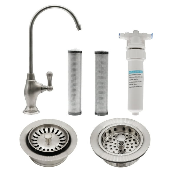 Westbrass 10" Classic 1-Lever Cold Water Dispenser Faucet Kit with Filter System, Kitchen Sink Strainer & Disposal Trim Set, Stainless Steel