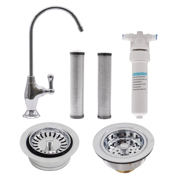 Westbrass 10" Classic 1-Lever Cold Water Dispenser Faucet Kit with Filter System, Kitchen Sink Strainer & Disposal Trim Set, Polished Chrome