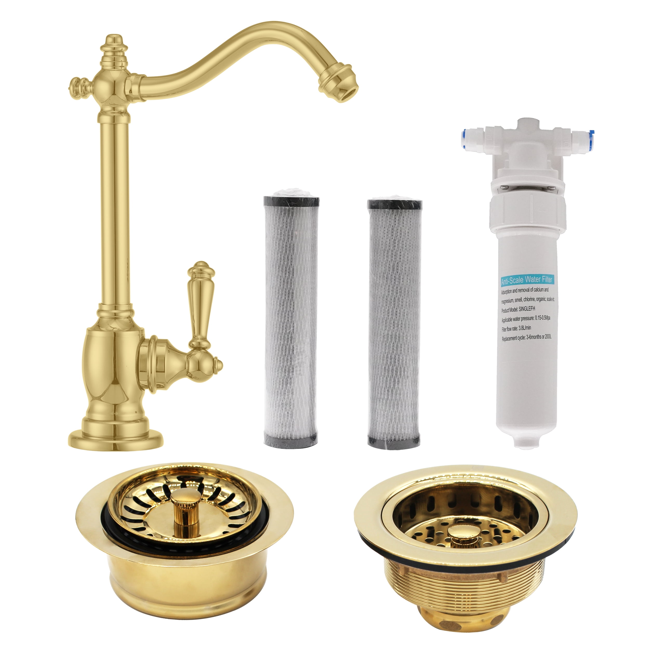Westbrass 9" Victorian 1-Lever Cold Water Dispenser Kit with Under Sink Filter System, Kitchen Sink Strainer & Disposal Trim Set, Polished Brass