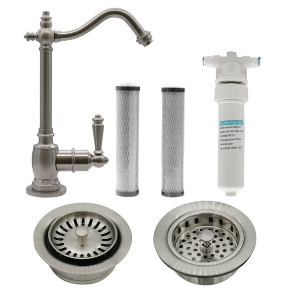Westbrass 9" Victorian 1-Lever Cold Water Dispenser Kit with Under Sink Filter System, Kitchen Sink Strainer & Disposal Trim Set, Satin Nickel