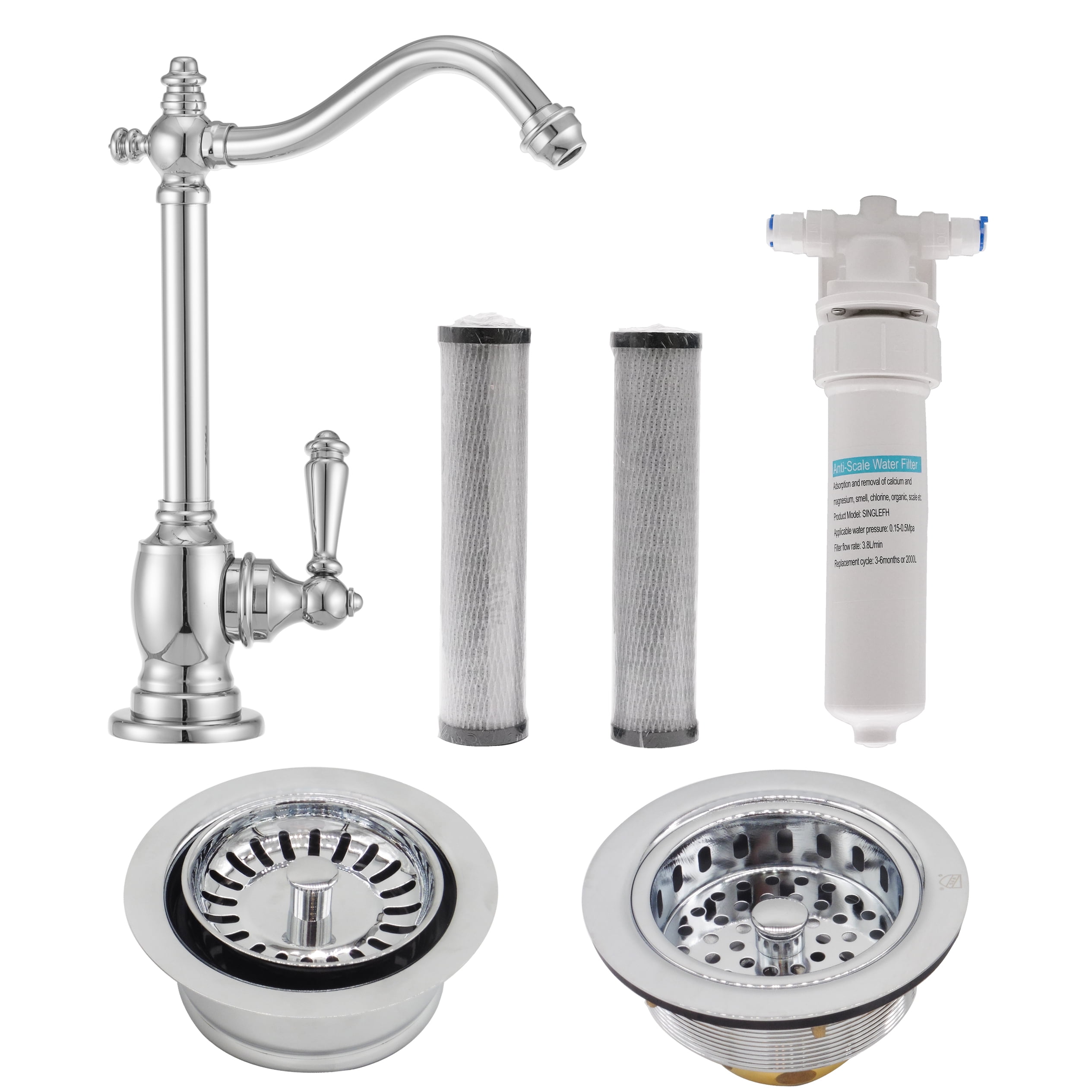 Westbrass 9" Victorian 1-Lever Cold Water Dispenser Kit with Under Sink Filter System, Kitchen Sink Strainer & Disposal Trim Set, Polished Chrome