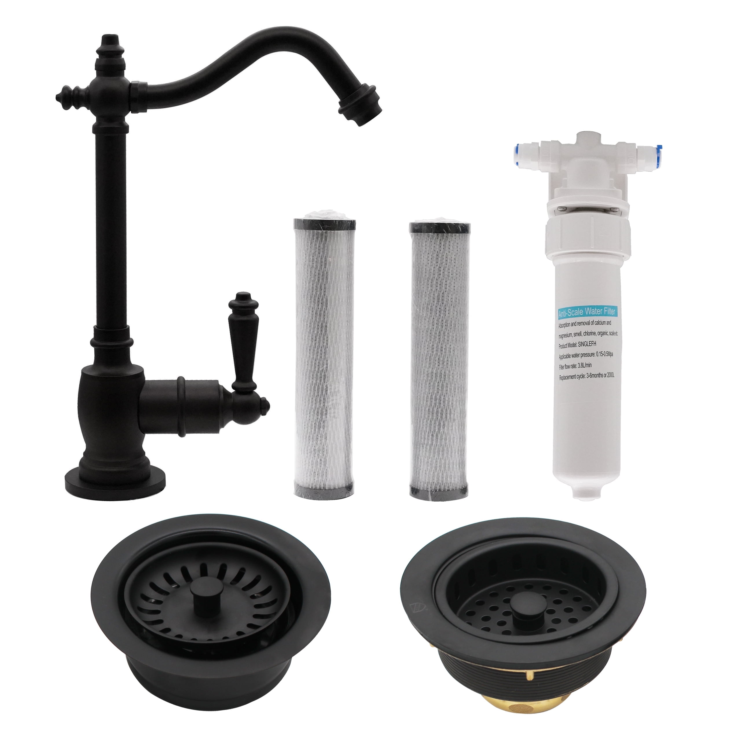 Westbrass 9" Victorian 1-Lever Cold Water Dispenser Kit with Under Sink Filter System, Kitchen Sink Strainer & Disposal Trim Set, Matte Black