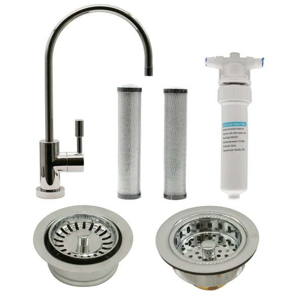 Westbrass C0136-05 11" Contemporary 1-Lever Cold Water Dispenser Faucet Kit with Filter, 2-Pack Replacement Cartridges, Kitchen Sink Strainer & Disposal Trim Set, Polished Nickel