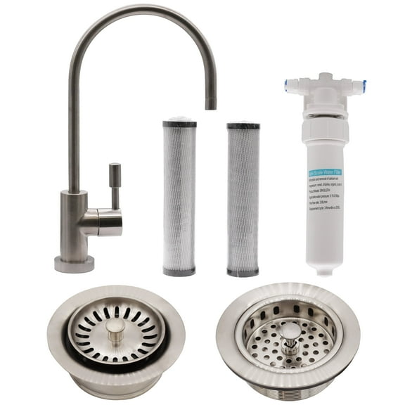 Westbrass 11" Contemporary 1-Lever Cold Water Dispenser Faucet Kit with Under Sink In-line Filter System, Kitchen Sink Strainer & Disposal Trim Set, Satin Nickel