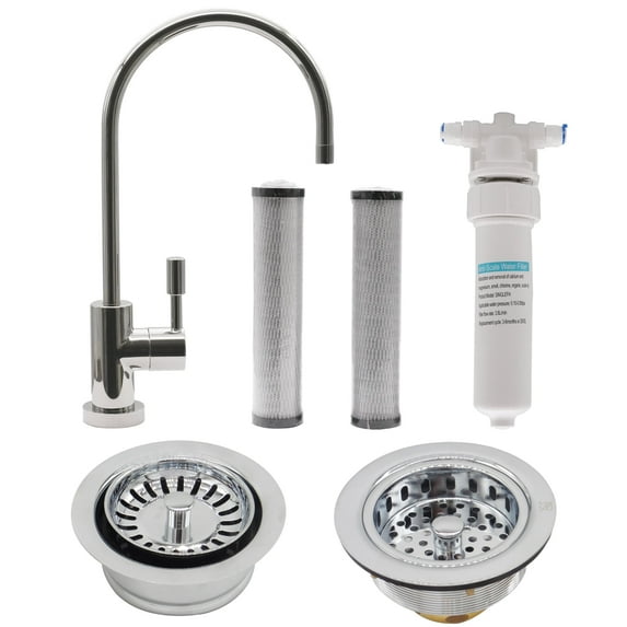 Westbrass 11" Contemporary 1-Lever Cold Water Dispenser Faucet Kit with Under Sink In-line Filter System, Kitchen Sink Strainer & Disposal Trim Set, Polished Chrome