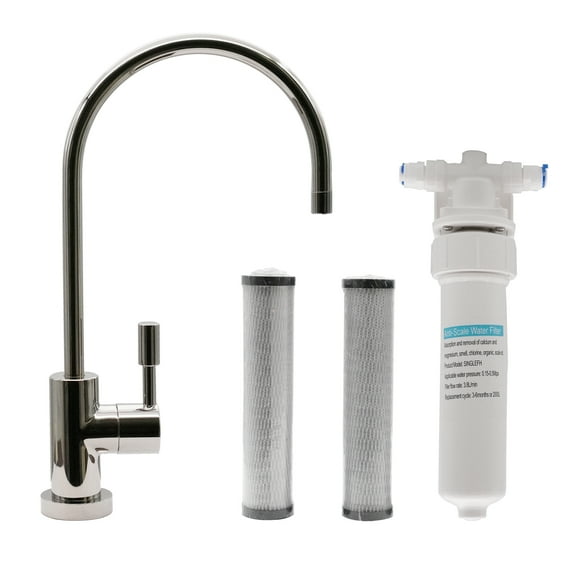 Westbrass CO131-05 11" Contemporary 1-Lever Handle Cold Water Dispenser Faucet Kit with Under Sink In-line Filter Unit and 2-Pack Replacement Cartridges, Polished Nickel
