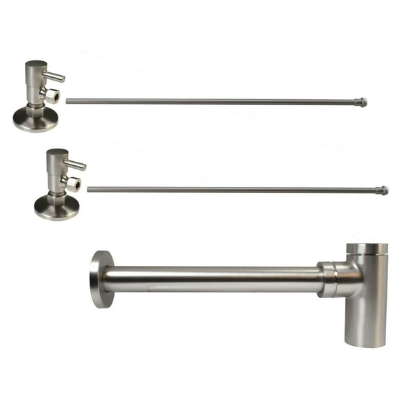 Westbrass Console Sink 20" Supply Kit with Qubic Bottle Trap and 1/4-Turn Angle Stops, Satin Nickel