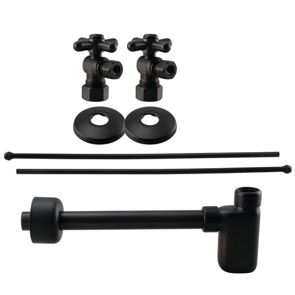 Westbrass Console Sink Trim Kit with European flat trap, Bullnose Lines and Cross Handle Angle Stops, Matte Black
