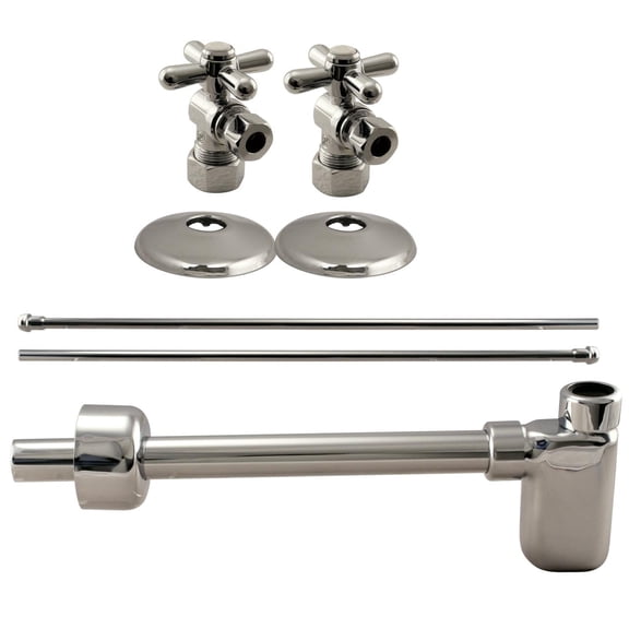 Westbrass Console Sink Trim Kit with European flat trap, Bullnose Lines and Cross Handle Angle Stops, Polished Nickel