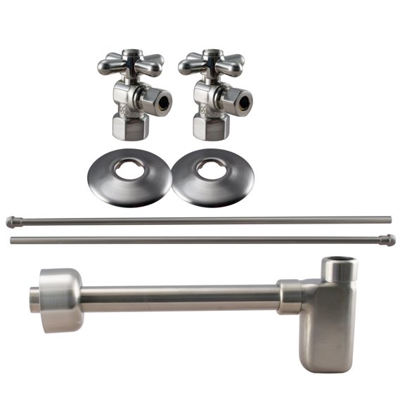 Westbrass Console Sink Trim Kit with European flat trap, Bullnose Lines and IPS Cross Handle Angle Stops, Stainless Steel