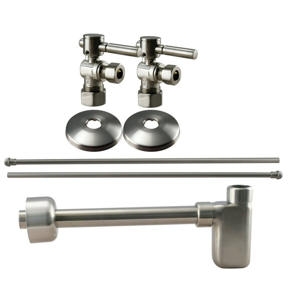 Westbrass Console Sink Trim Kit with European flat trap, Bullnose Lines and Lever Handle Angle Stops, Satin Nickel