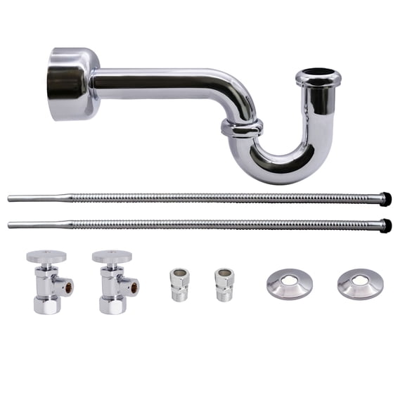 Westbrass Console Sink 20" Supply Kit with P-Trap and Round Handle Angle Stops, Polished Chrome