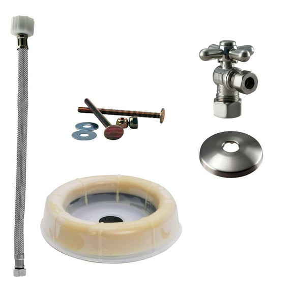 Westbrass D1612TBX-07 1/2" Cross Handle Angle Stop Toilet Installation Kit with Steel Supply Line, Wax Ring and Flange, Satin Nickel