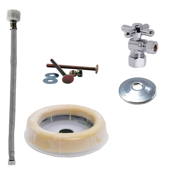 Westbrass D1612TBX-26 1/2" Cross Handle Angle Stop Toilet Installation Kit with Steel Supply Line, Wax Ring and Flange, Polished Chrome