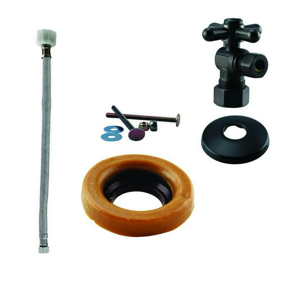 Westbrass D1613TBX-62 IPS 1/2" Cross Handle Angle Stop Toilet Installation Kit with Steel Supply Line, Wax Ring and Flange, Matte Black