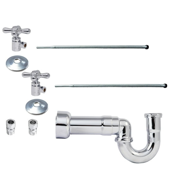 Westbrass LA-Style Pedestal Sink Supply Kit with P-Trap, Lines, Flanges and Cross Handle Angle Stops, Polished Chrome