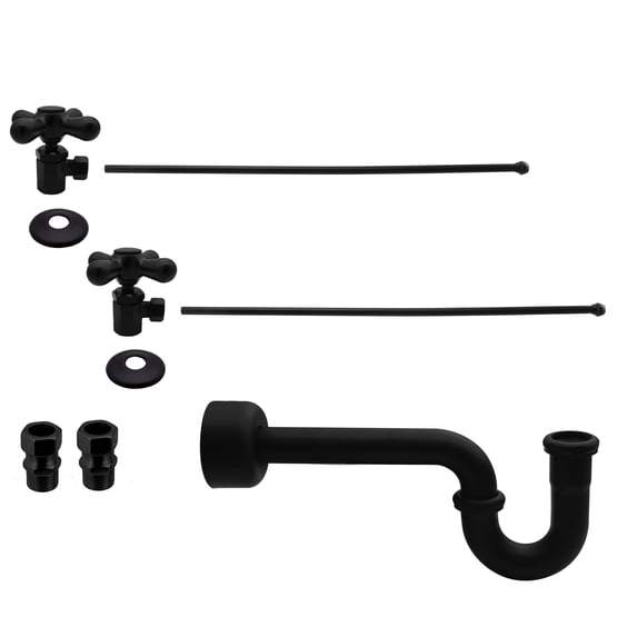 Westbrass Console Sink Supply Line Kit with P-Trap, Flanges and Cross Handles, Matte Black