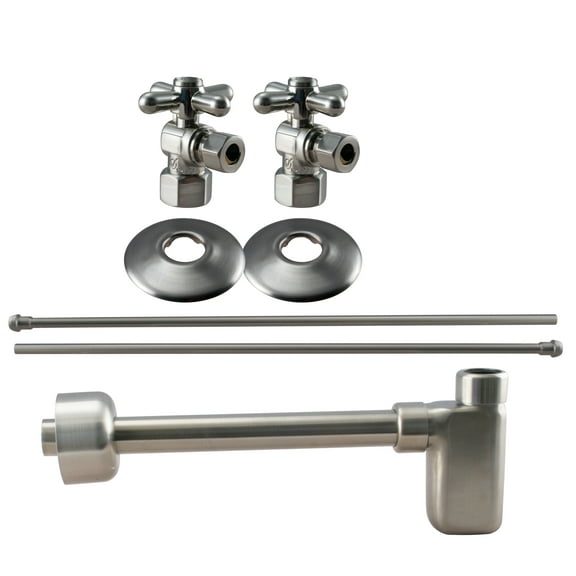 Westbrass Console Sink Trim Kit with European flat trap, Bullnose Lines and IPS Cross Handle Angle Stops, Polished Brass