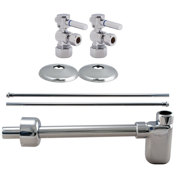 Westbrass Console Sink Trim Kit with European flat trap, Bullnose Lines and Lever Handle Angle Stops, Polished Chrome