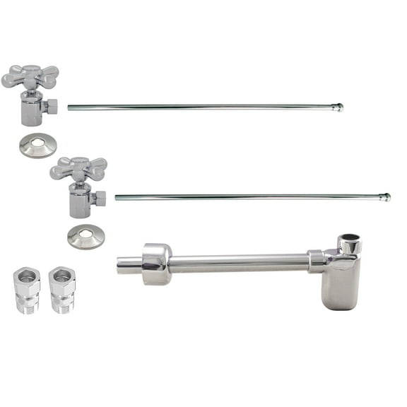 Westbrass Console Sink Trim Kit with European flat trap and Cross Handle Angle Stops, Polished Chrome