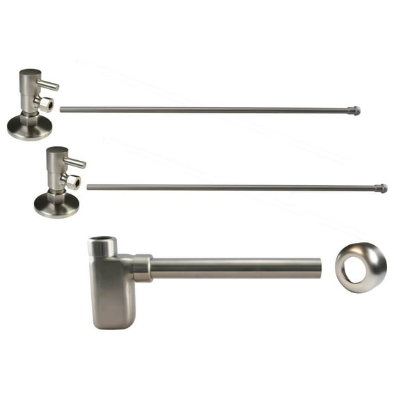 Westbrass Console Sink Trim Kit with European flat trap and 1/4-Turn Lever Handle Angle Stops, Satin Nickel
