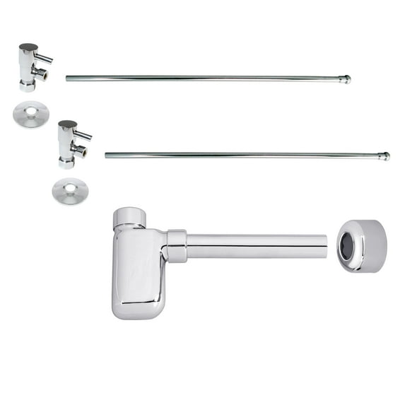 Westbrass Console Sink Trim Kit with European flat trap and 1/4-Turn Lever Handle Angle Stops, Polished Chrome