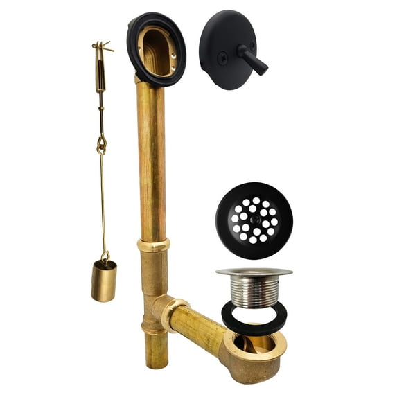Westbrass 14" 17-Gauge Brass Bathtub Assembly with Trip Lever and Strainer Drain, Matte Black