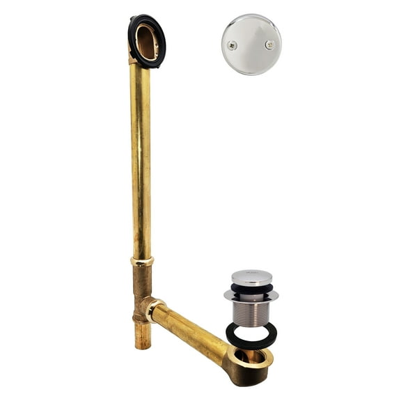 Westbrass 22-1/2" 20 ga. Brass Tip-Toe Drain Bathtub Waste Assembly with 2-Hole Overflow, Polished Chrome