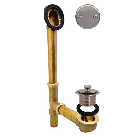 Westbrass 14" 20 ga. Brass Pull and Drain Bathtub Waste Assembly with 2-Hole Overflow, Stainless Steel