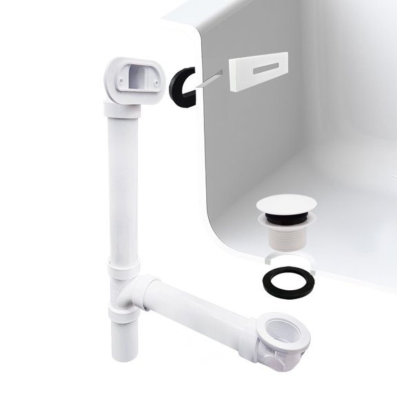 Westbrass Sch. 40 PVC Bathtub Assembly with Tip-Toe Drain and Sleek Linear Overflow, Powder Coat White