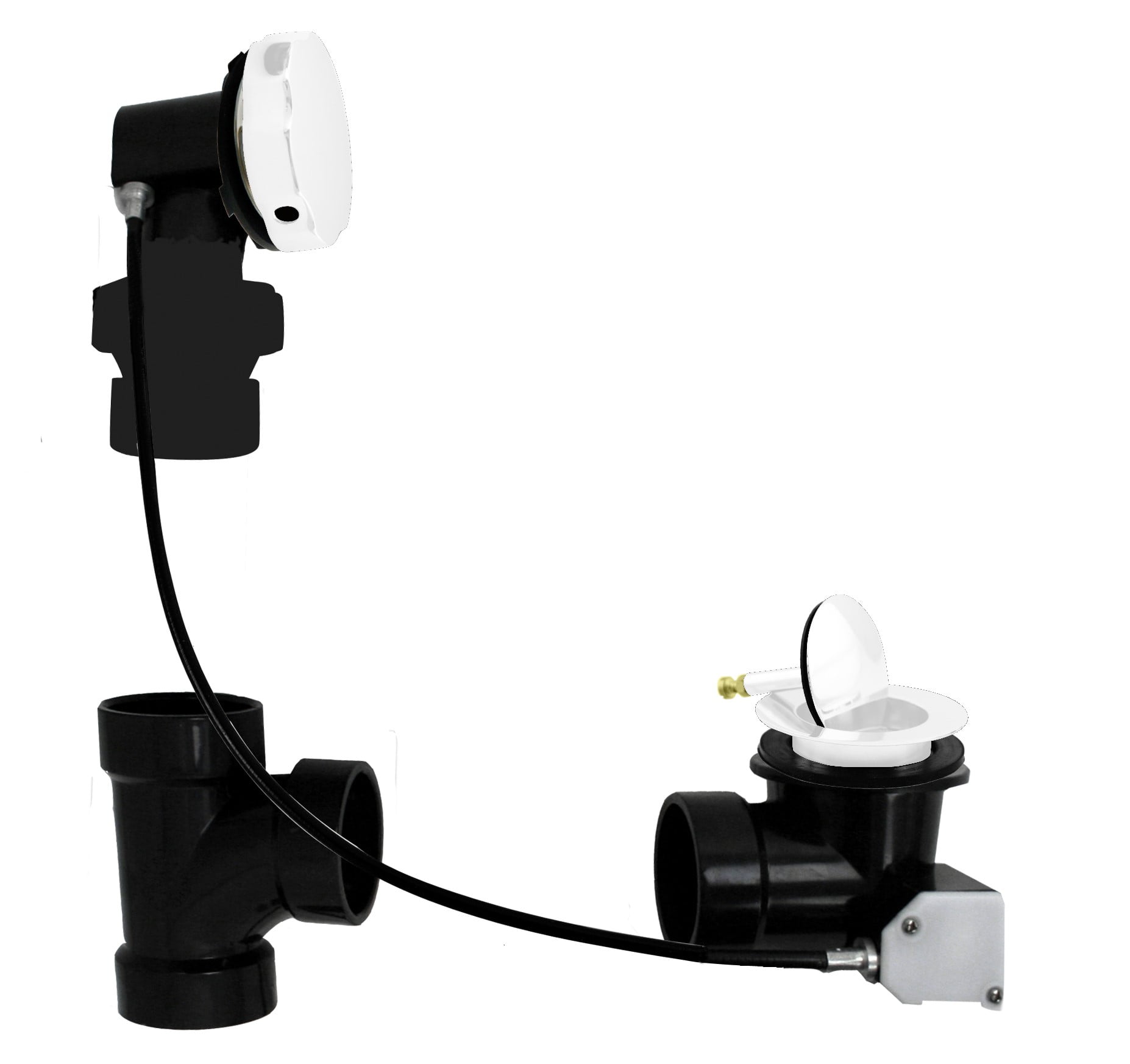 Westbrass D50A27BJ-50 27" Cable Drive Standard Bath Drain Trim Kit with Rotary Overflow Cover Knob on a Ball Joint Elbow, Pop-Up Stopper and Sch. 40 ABS Fittings, Powder Coat White