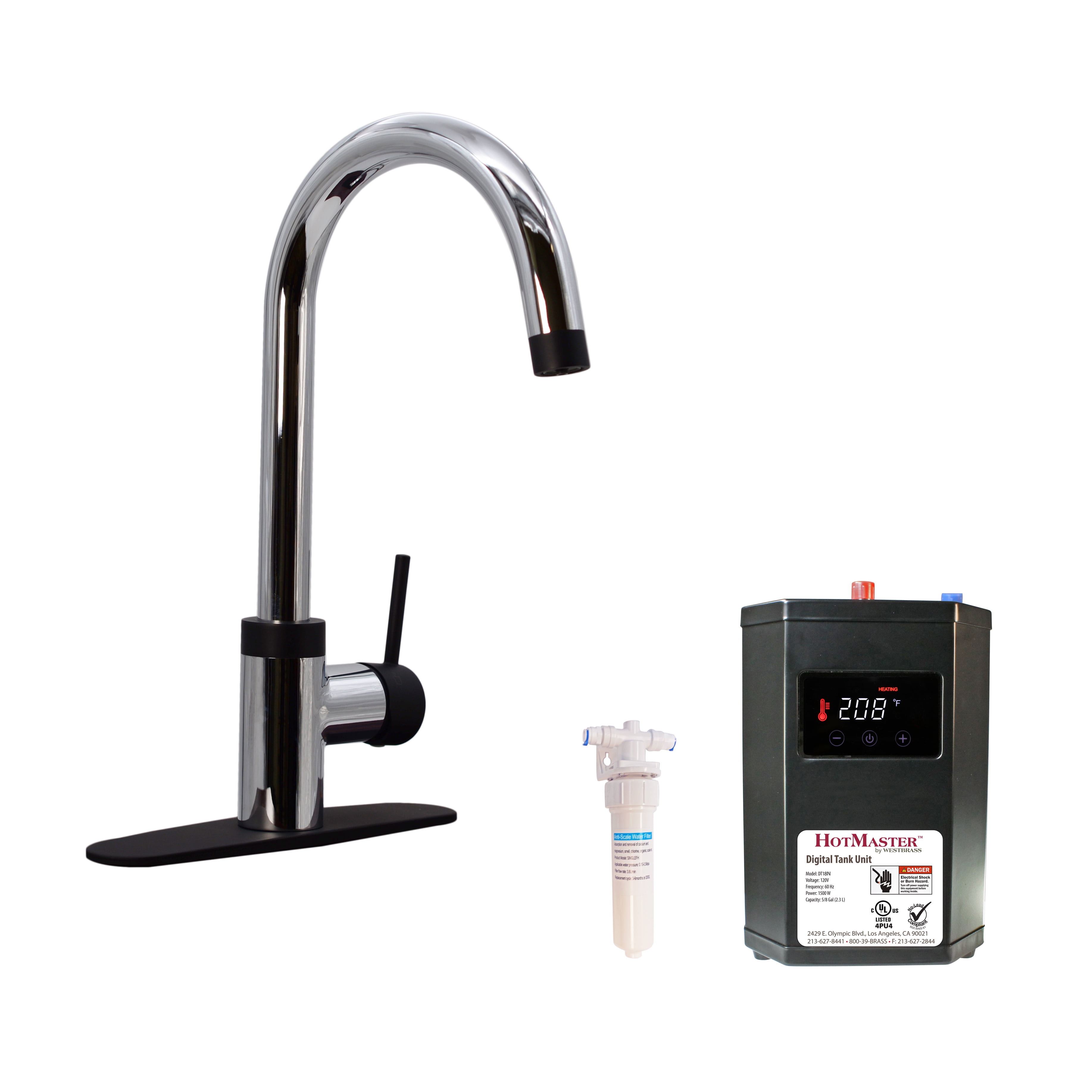 Polished Chrome and Matte Black 3-in-1 Kitchen Faucet with Instant Hot Water Tank