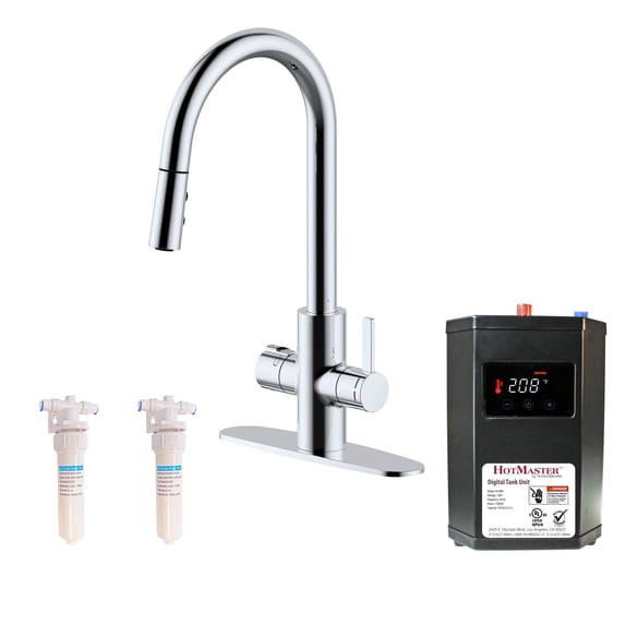 Westbrass 4 in 1 Kitchen Faucet Kit with Dual Mode Pull Out Spray Head, Hot Water Tank and In-Line Water Filter System, Polished Chrome