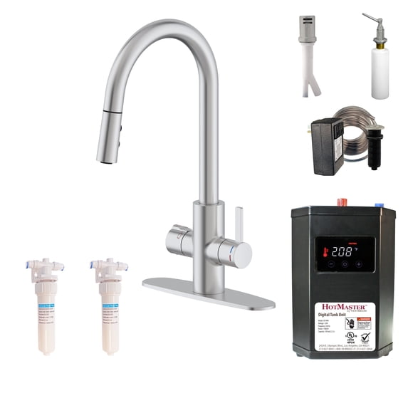 Westbrass 4 in 1 Kitchen Faucet Kit with Heatin Tank, Filter System, Air Gap, Sink Mount Soap Dispenser and Dual Outlet Raised Button Air Switch, Stainless Steel